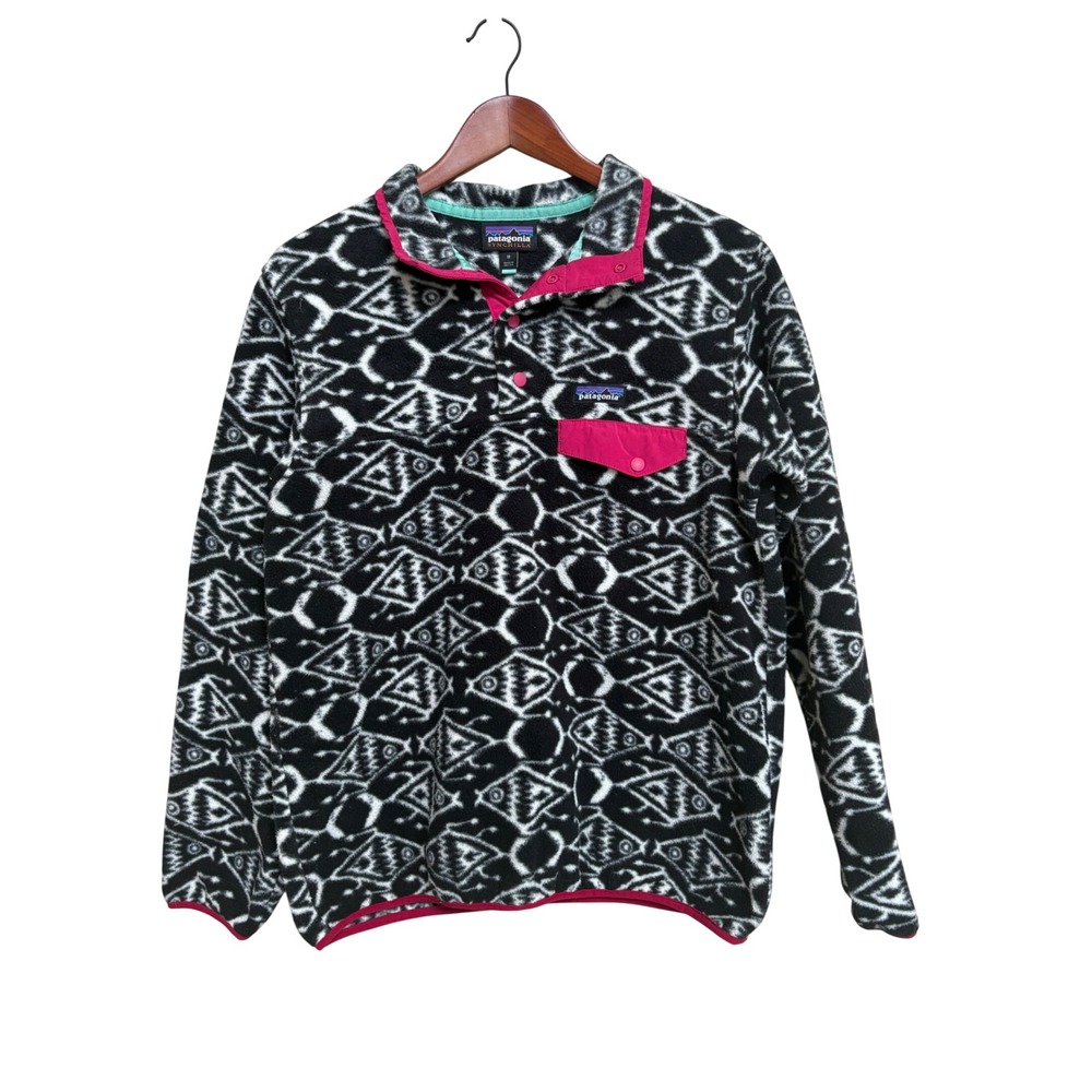 Patagonia Synchilla Snap-T Fleece Pullover Women Medium Black White Fish Print